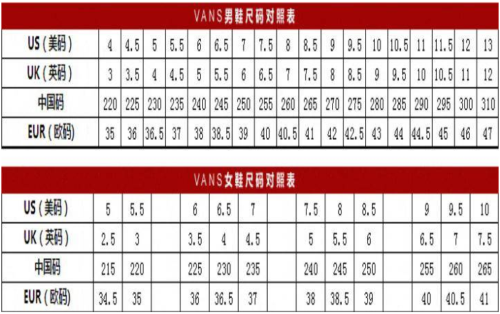 vans鞋码对照表vans尺码选择方法vans鞋真假辨别方法vans